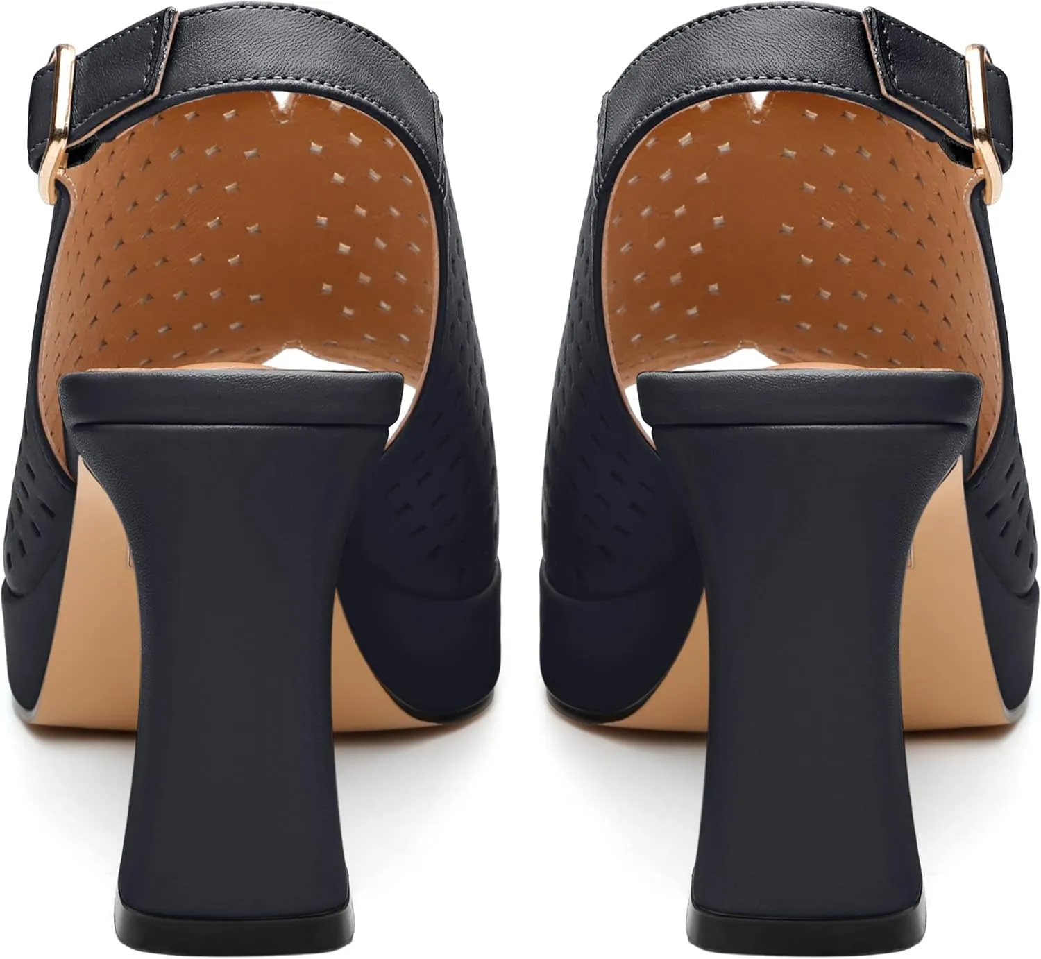 Womens Heeled Platform Sandals, Chunky Heel Square Peep Toe Hollow Out Slingback Sandals, Leather Upper, Lining and Insole Shoes for Women 3.3"