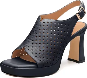 Womens Heeled Platform Sandals, Chunky Heel Square Peep Toe Hollow Out Slingback Sandals, Leather Upper, Lining and Insole Shoes for Women 3.3"