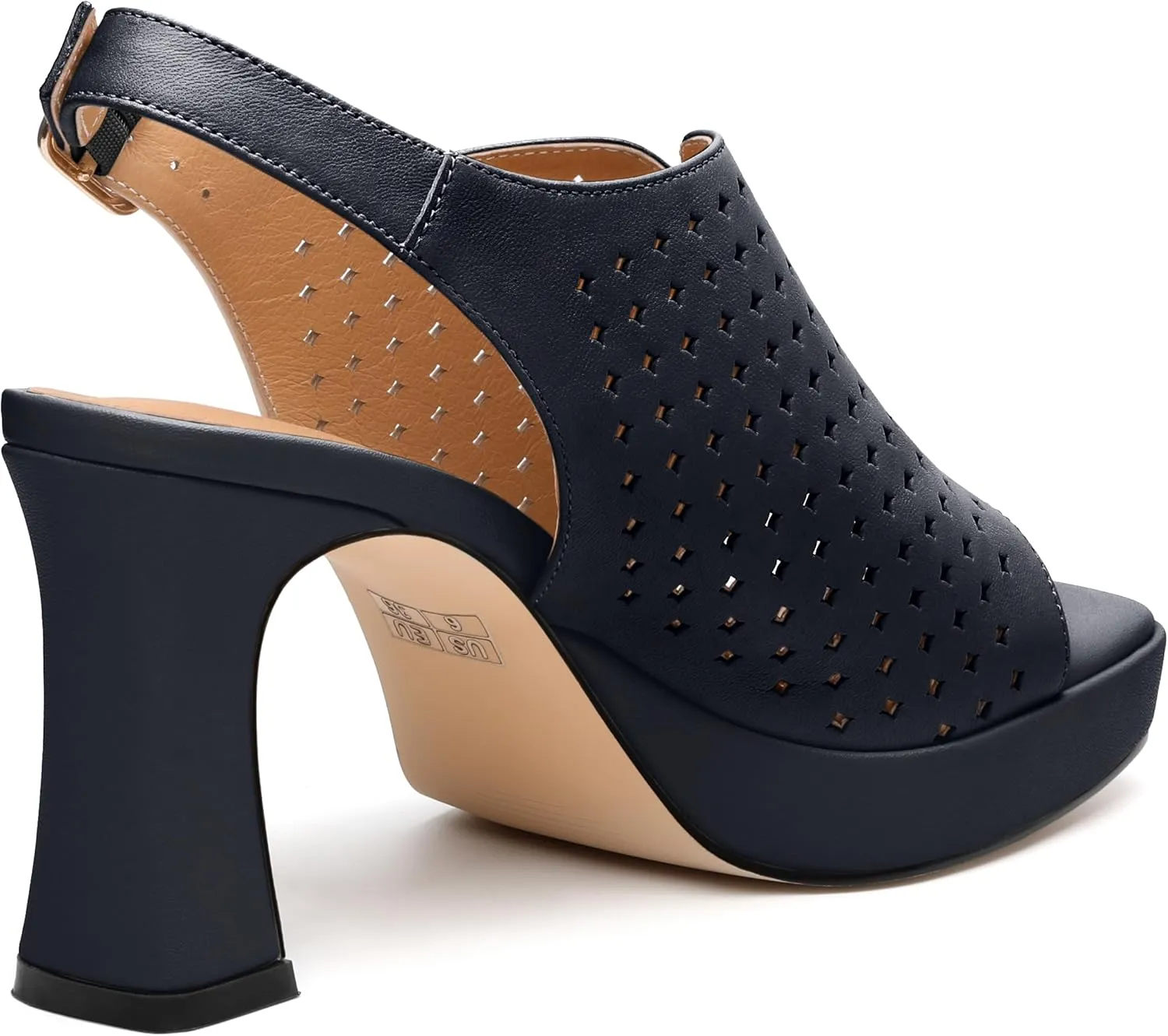 Womens Heeled Platform Sandals, Chunky Heel Square Peep Toe Hollow Out Slingback Sandals, Leather Upper, Lining and Insole Shoes for Women 3.3"