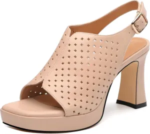 Womens Heeled Platform Sandals, Chunky Heel Square Peep Toe Hollow Out Slingback Sandals, Leather Upper, Lining and Insole Shoes for Women 3.3"