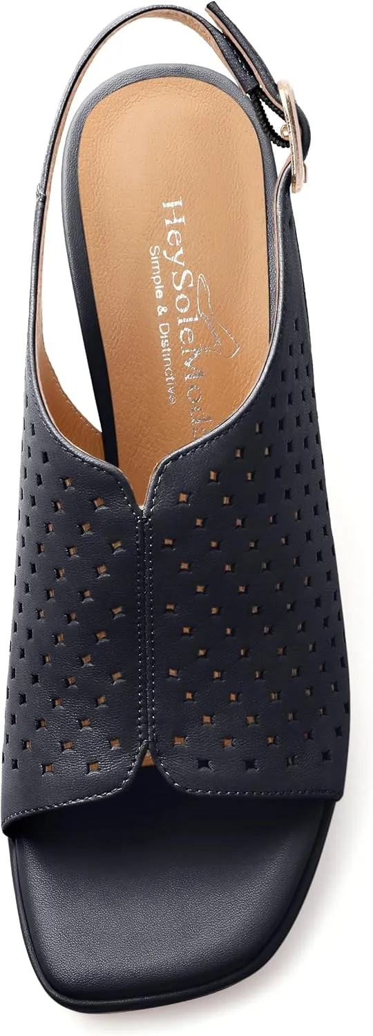 Womens Heeled Platform Sandals, Chunky Heel Square Peep Toe Hollow Out Slingback Sandals, Leather Upper, Lining and Insole Shoes for Women 3.3"