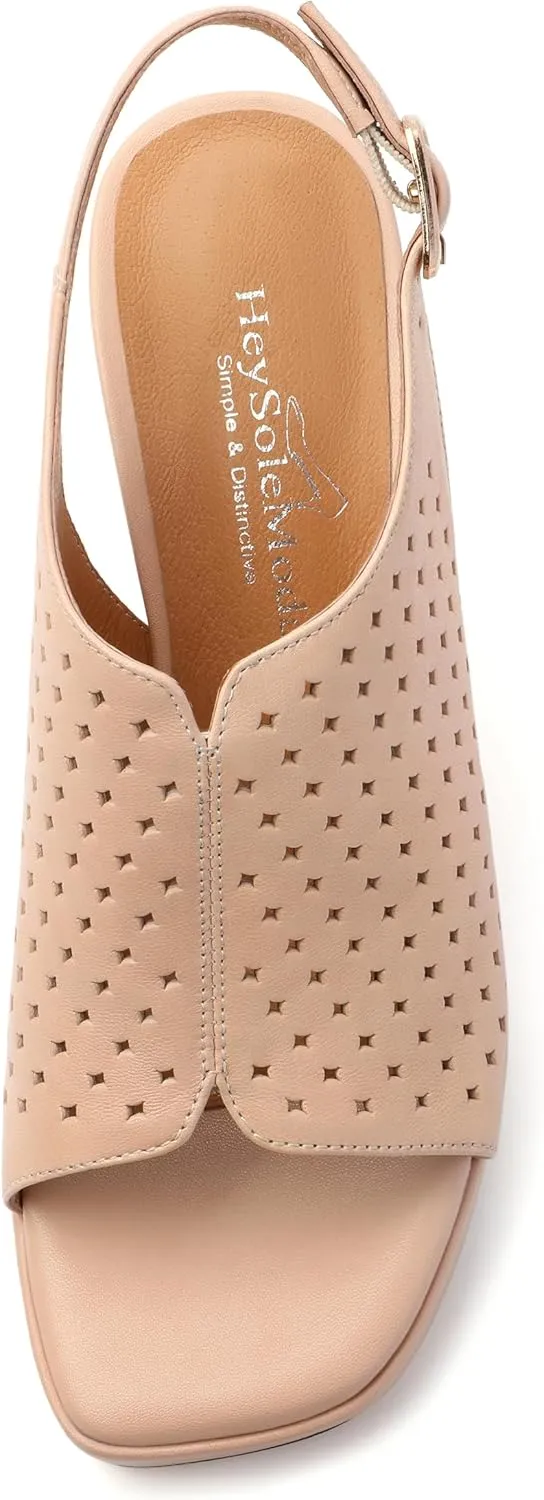 Womens Heeled Platform Sandals, Chunky Heel Square Peep Toe Hollow Out Slingback Sandals, Leather Upper, Lining and Insole Shoes for Women 3.3"