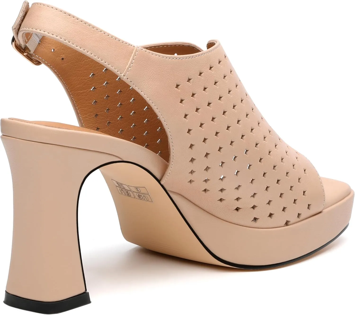Womens Heeled Platform Sandals, Chunky Heel Square Peep Toe Hollow Out Slingback Sandals, Leather Upper, Lining and Insole Shoes for Women 3.3"