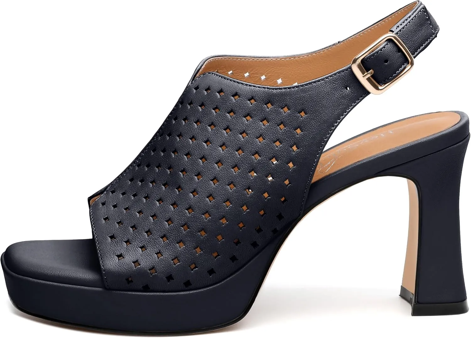 Womens Heeled Platform Sandals, Chunky Heel Square Peep Toe Hollow Out Slingback Sandals, Leather Upper, Lining and Insole Shoes for Women 3.3"