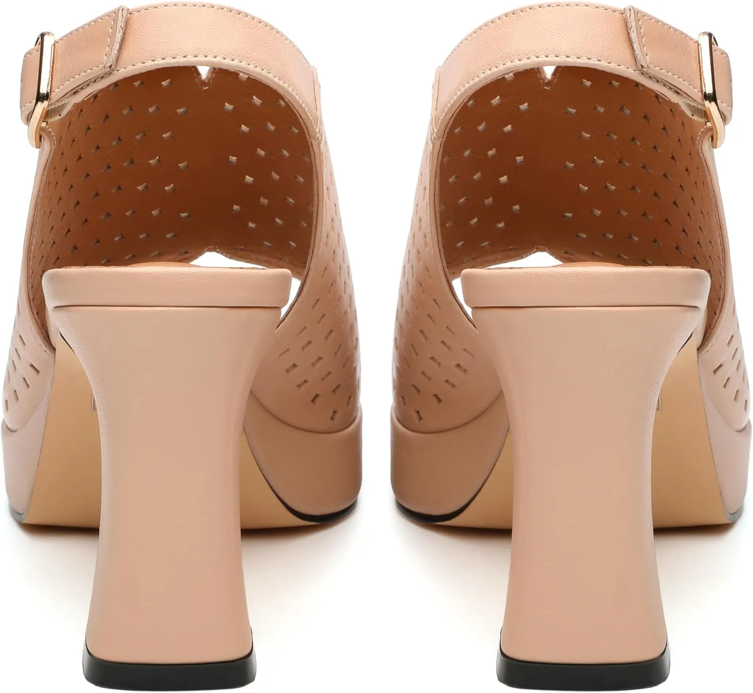 Womens Heeled Platform Sandals, Chunky Heel Square Peep Toe Hollow Out Slingback Sandals, Leather Upper, Lining and Insole Shoes for Women 3.3"