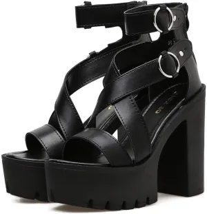 Womens High Chunky Heel Ankle Strap Goth Sandals,Comfort Cutout Open Toe Block Heel Multi Buckle Roman Gladiator Sandals Fashion Party Dress Platform Studded Punk Sandals Back Zipper