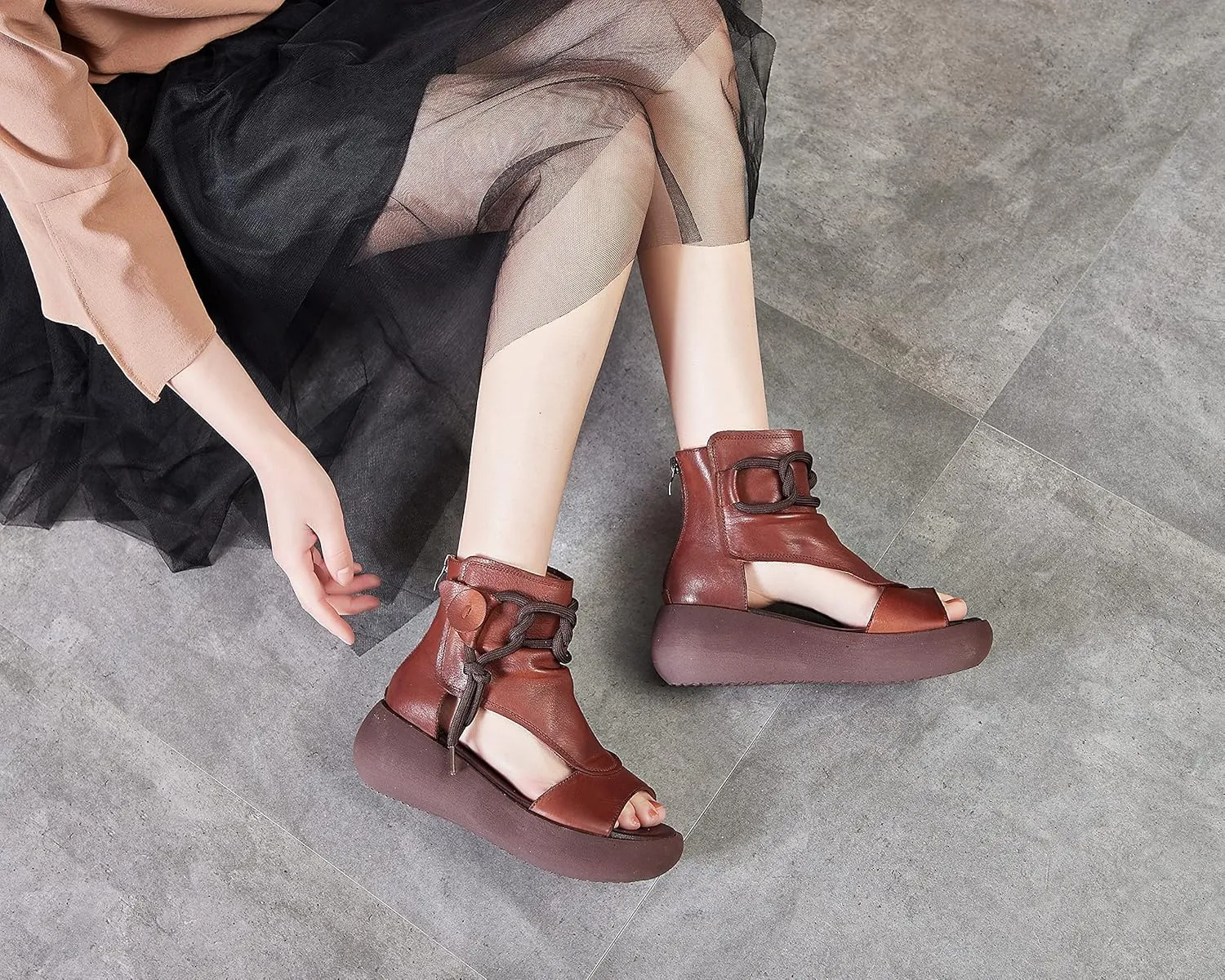 Women's High Top Leather Sandals Open Toe Boot Sandals for Women