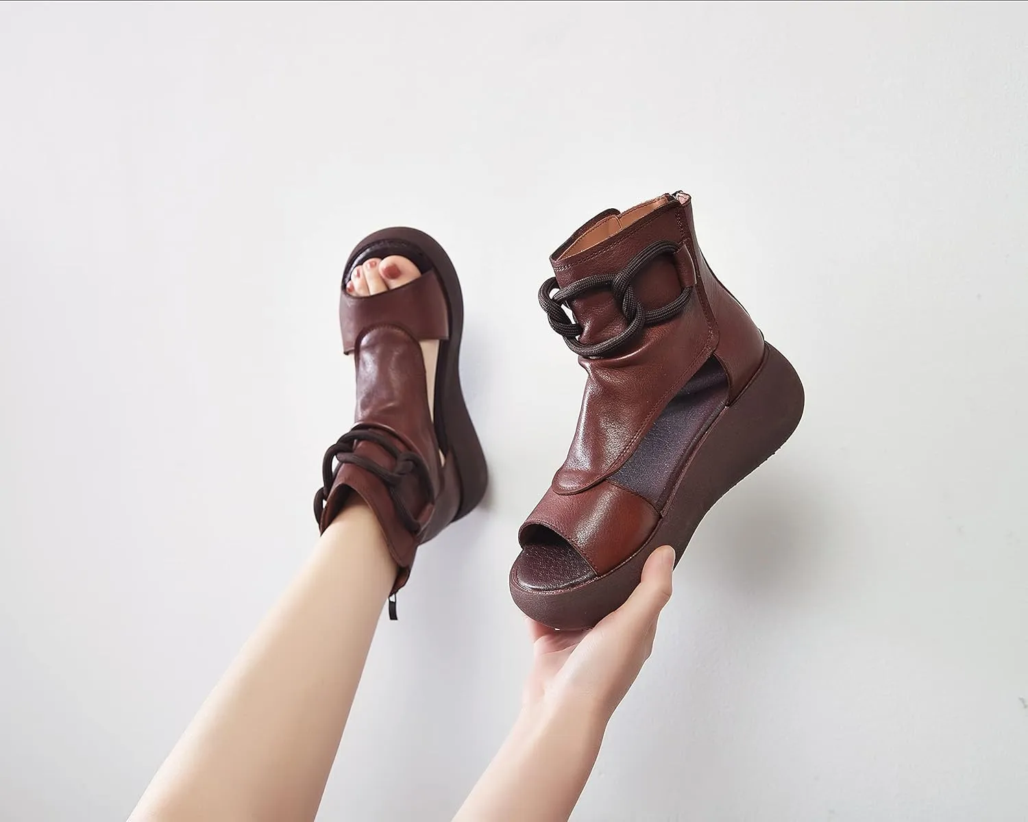 Women's High Top Leather Sandals Open Toe Boot Sandals for Women