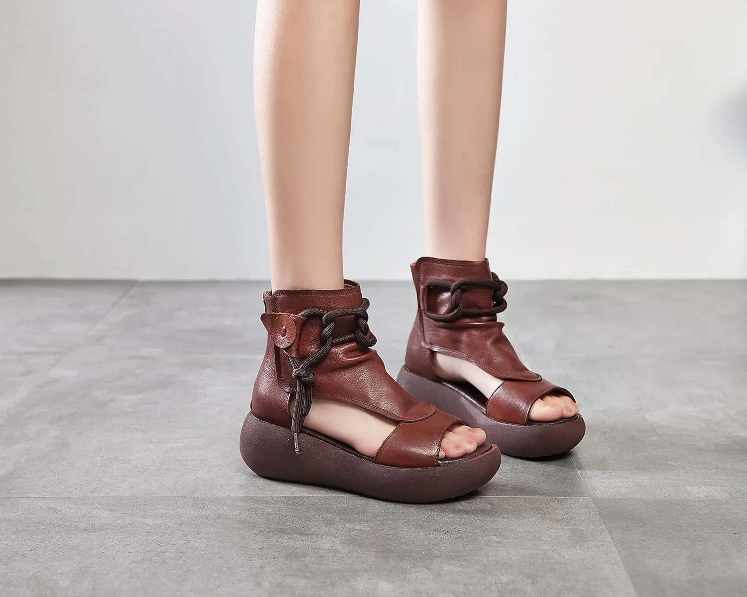 Women's High Top Leather Sandals Open Toe Boot Sandals for Women