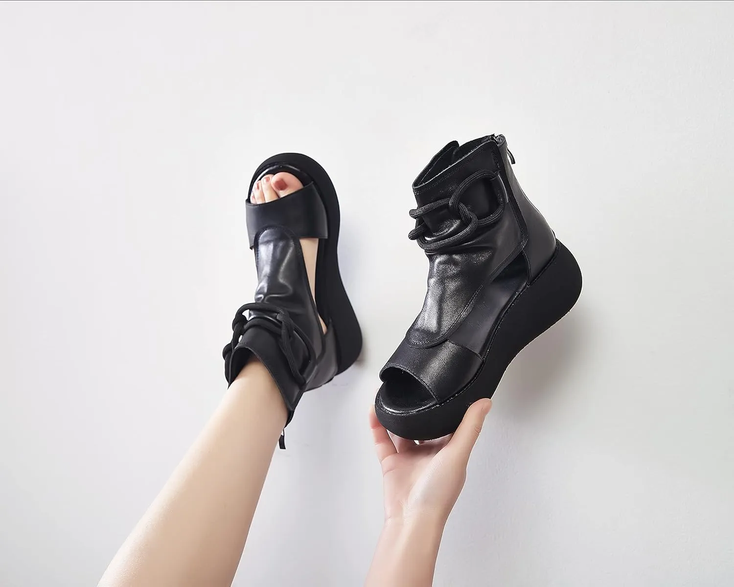 Women's High Top Leather Sandals Open Toe Boot Sandals for Women