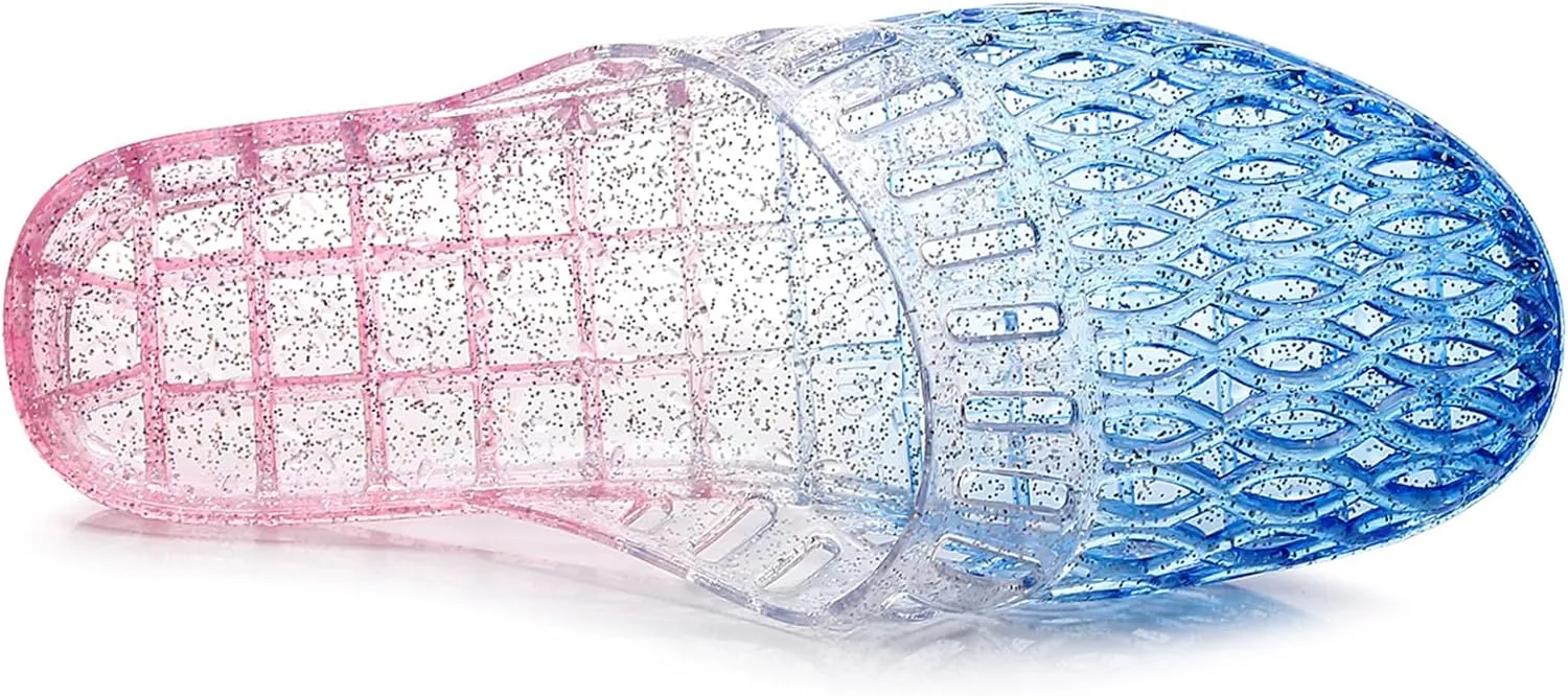 Womens Jelly Shoes, White Jellies Sandals Glitter Clear Flats Slip On Summer Beach Slippers Transparent Closed Toe Soft Slide