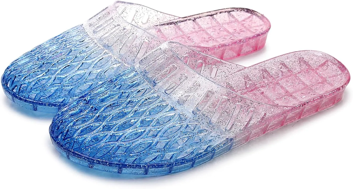 Womens Jelly Shoes, White Jellies Sandals Glitter Clear Flats Slip On Summer Beach Slippers Transparent Closed Toe Soft Slide