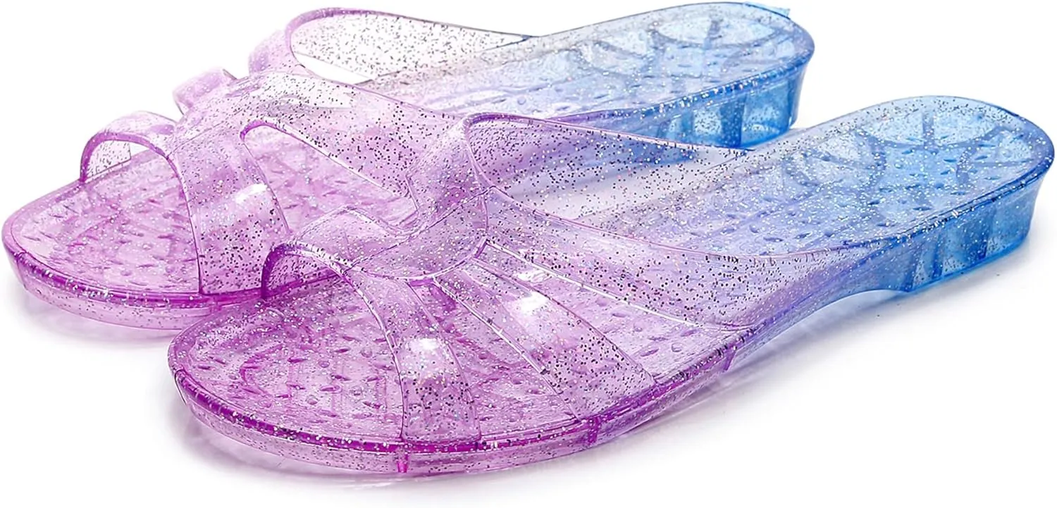 Womens Jelly Shoes, White Jellies Sandals Glitter Clear Flats Slip On Summer Beach Slippers Transparent Closed Toe Soft Slide