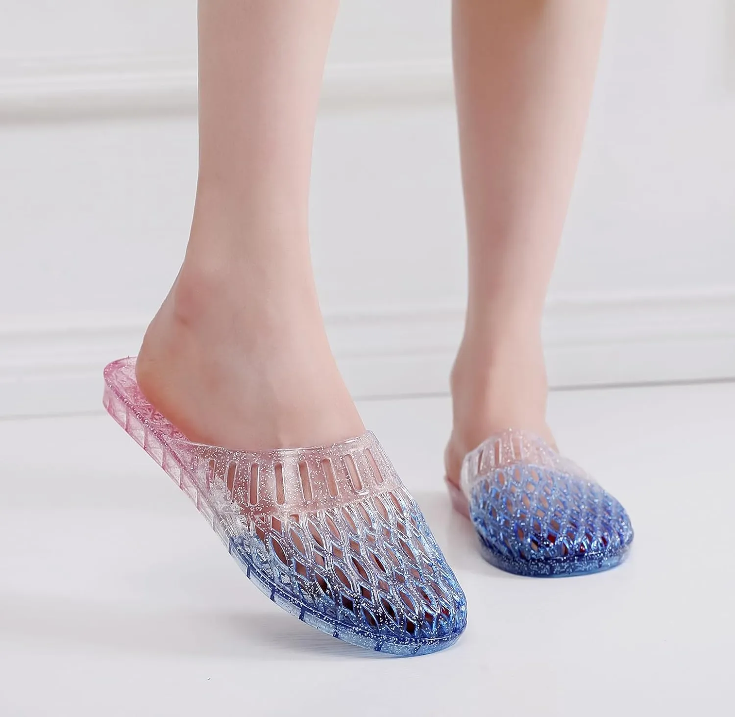 Womens Jelly Shoes, White Jellies Sandals Glitter Clear Flats Slip On Summer Beach Slippers Transparent Closed Toe Soft Slide