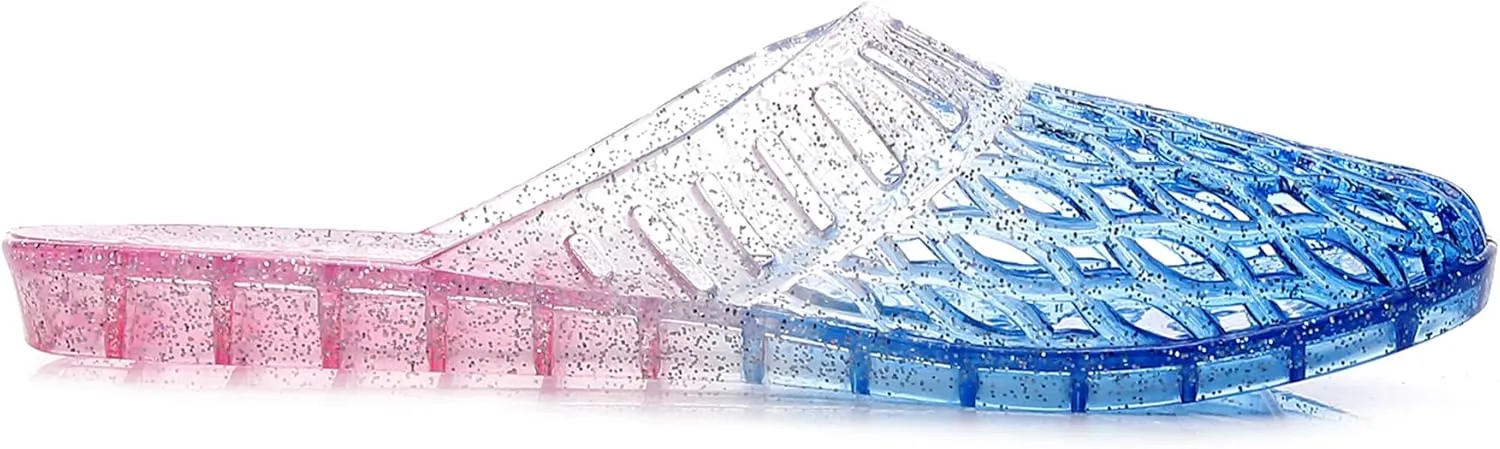 Womens Jelly Shoes, White Jellies Sandals Glitter Clear Flats Slip On Summer Beach Slippers Transparent Closed Toe Soft Slide