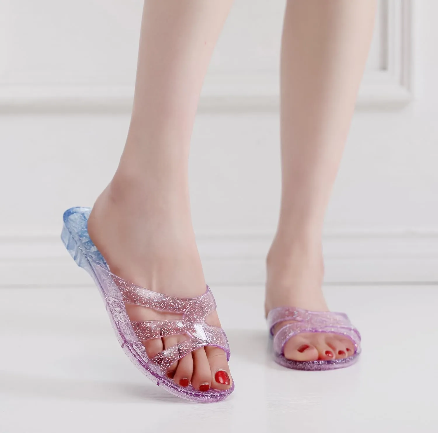 Womens Jelly Shoes, White Jellies Sandals Glitter Clear Flats Slip On Summer Beach Slippers Transparent Closed Toe Soft Slide