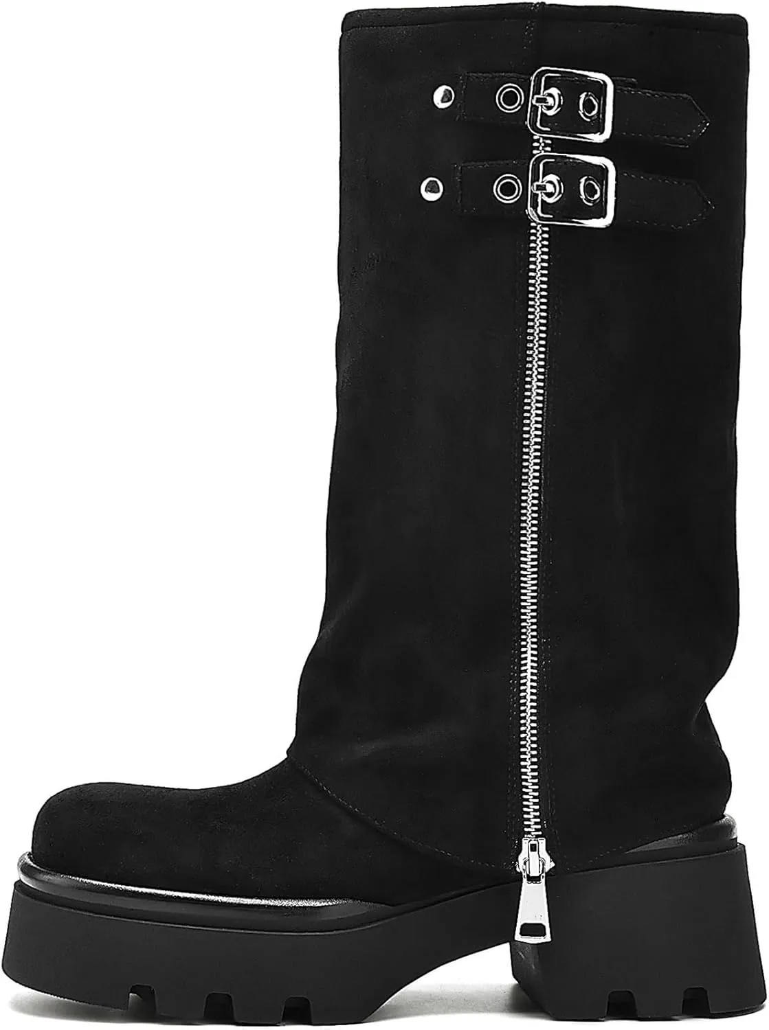Women's Knee High Boots Comfortable Platform Round Toe Moto Boots Buckle Dress Fold Over Boots for Women