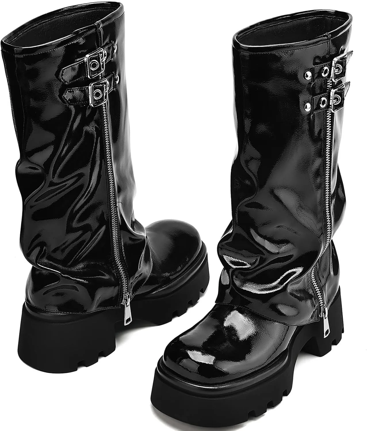 Women's Knee High Boots Comfortable Platform Round Toe Moto Boots Buckle Dress Fold Over Boots for Women