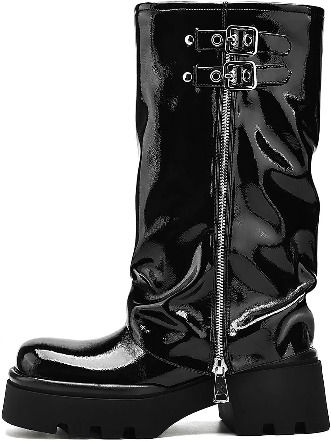 Women's Knee High Boots Comfortable Platform Round Toe Moto Boots Buckle Dress Fold Over Boots for Women