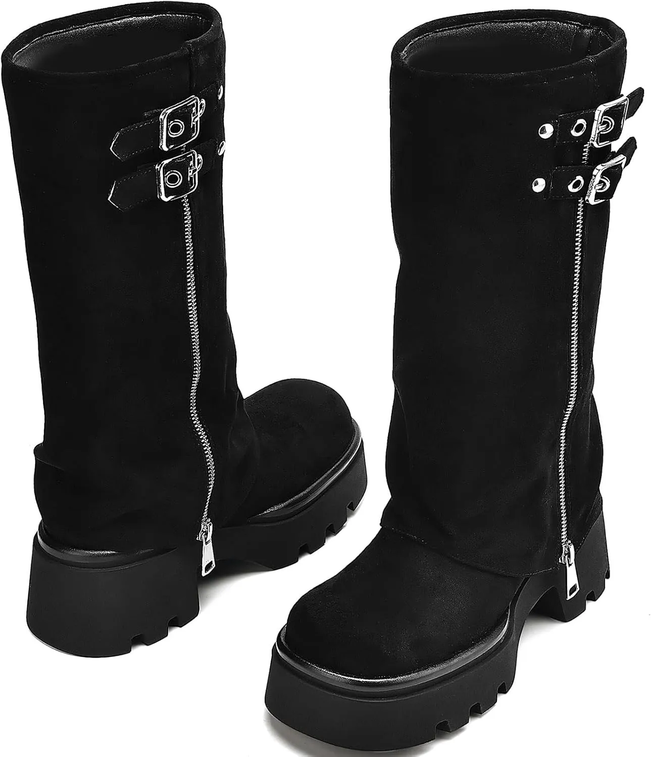 Women's Knee High Boots Comfortable Platform Round Toe Moto Boots Buckle Dress Fold Over Boots for Women
