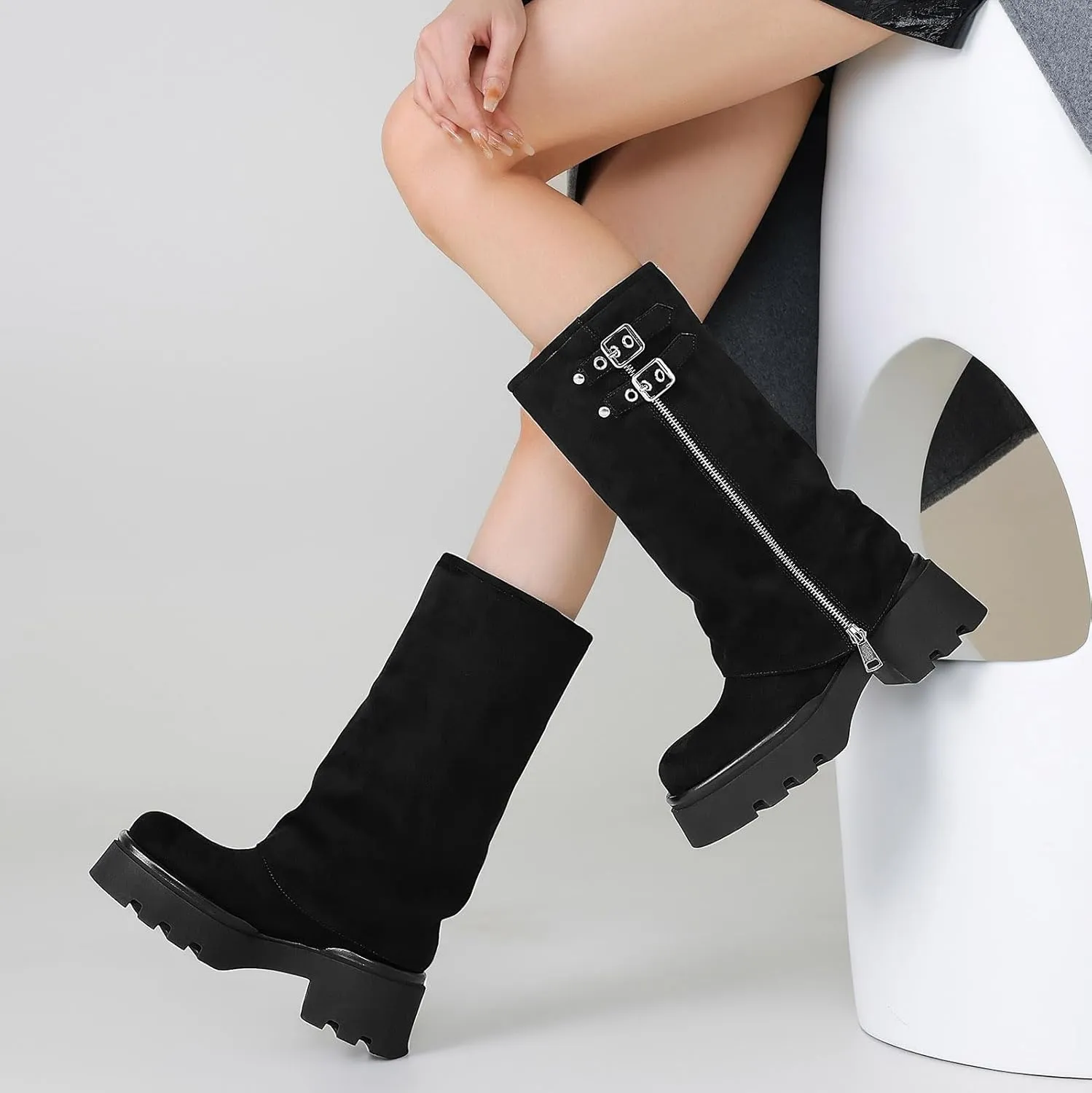 Women's Knee High Boots Comfortable Platform Round Toe Moto Boots Buckle Dress Fold Over Boots for Women