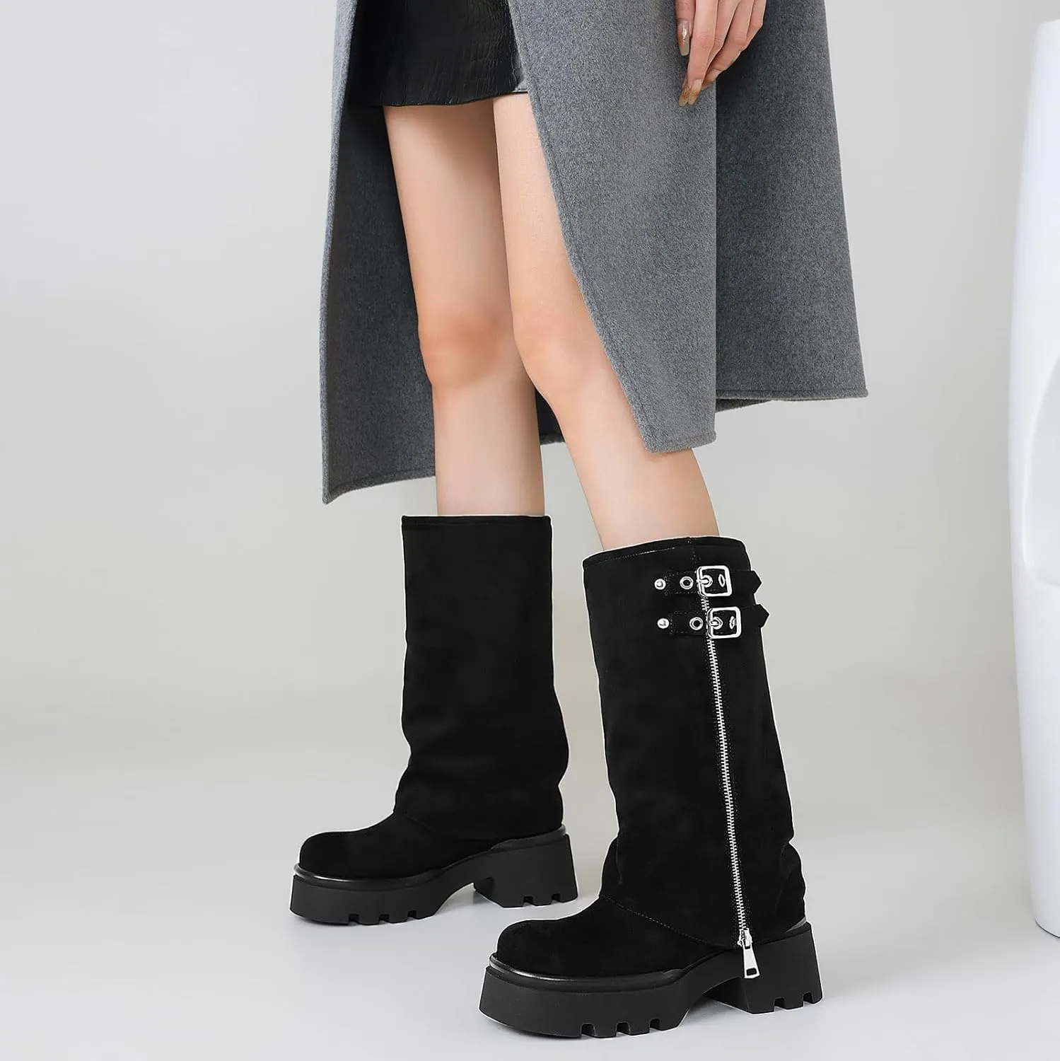 Women's Knee High Boots Comfortable Platform Round Toe Moto Boots Buckle Dress Fold Over Boots for Women
