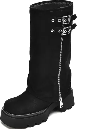Women's Knee High Boots Comfortable Platform Round Toe Moto Boots Buckle Dress Fold Over Boots for Women