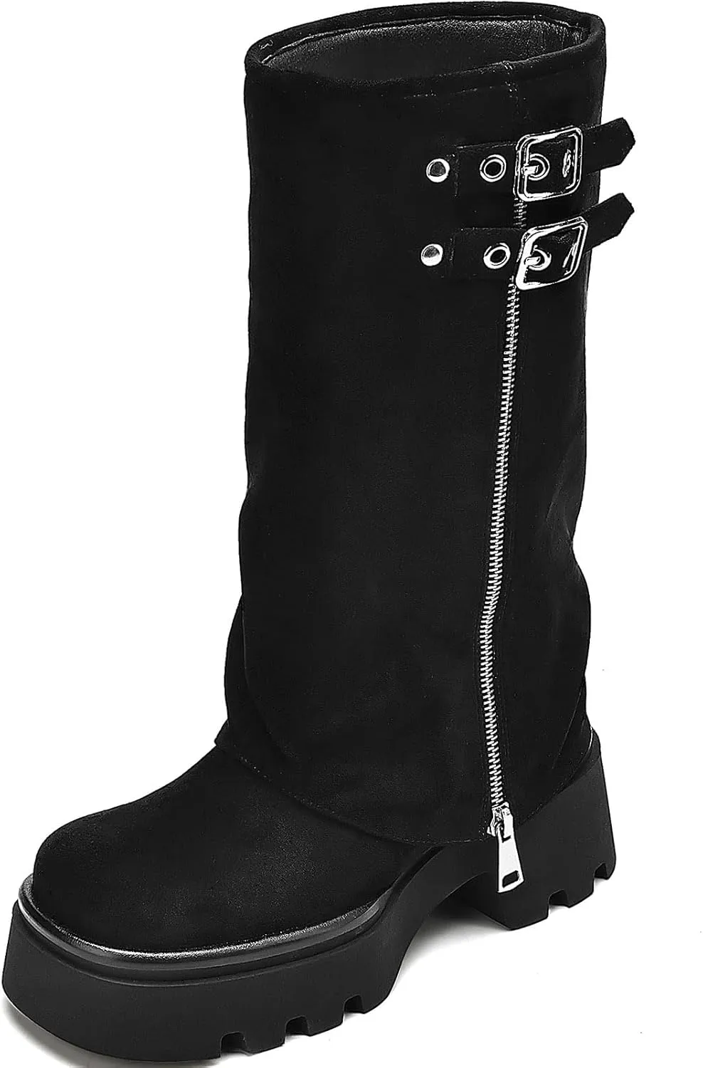 Women's Knee High Boots Comfortable Platform Round Toe Moto Boots Buckle Dress Fold Over Boots for Women