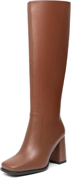 Women's Knee High Boots Faux Leather Square To Tall Boots Fashion Chunky Block Heel Long Boots with Side Zip