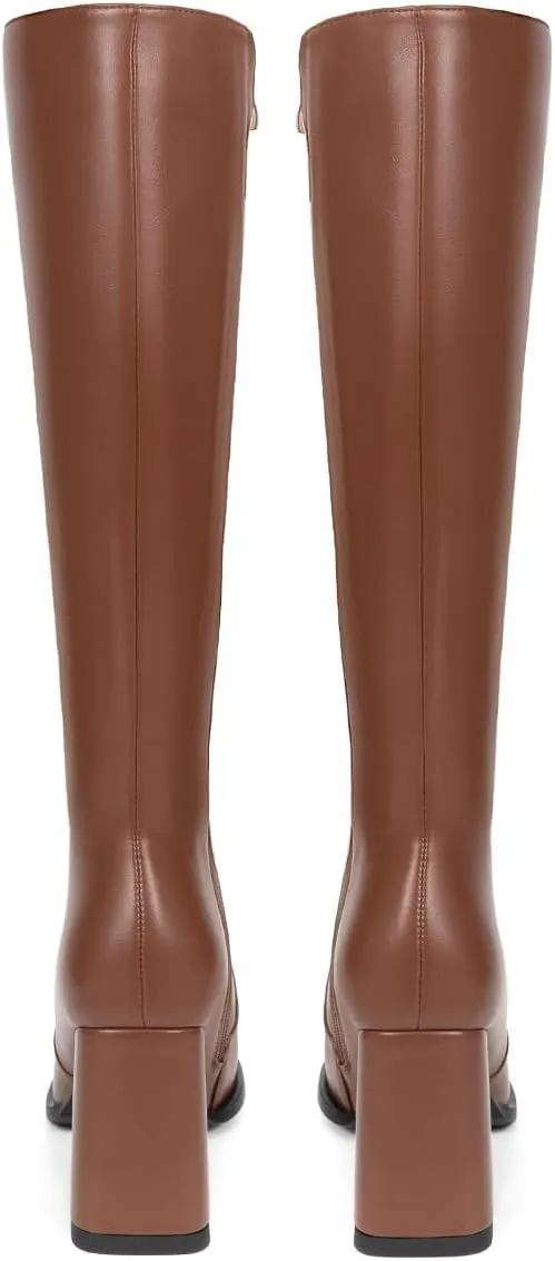 Women's Knee High Boots Faux Leather Square To Tall Boots Fashion Chunky Block Heel Long Boots with Side Zip