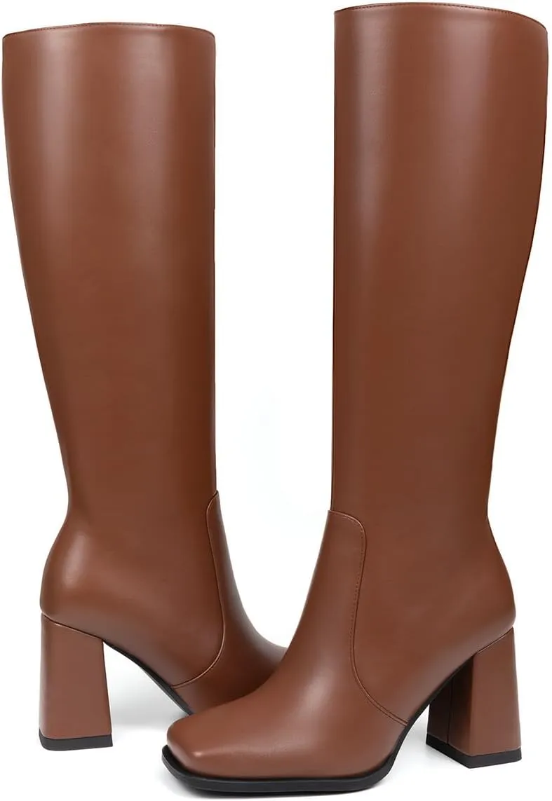 Women's Knee High Boots Faux Leather Square To Tall Boots Fashion Chunky Block Heel Long Boots with Side Zip
