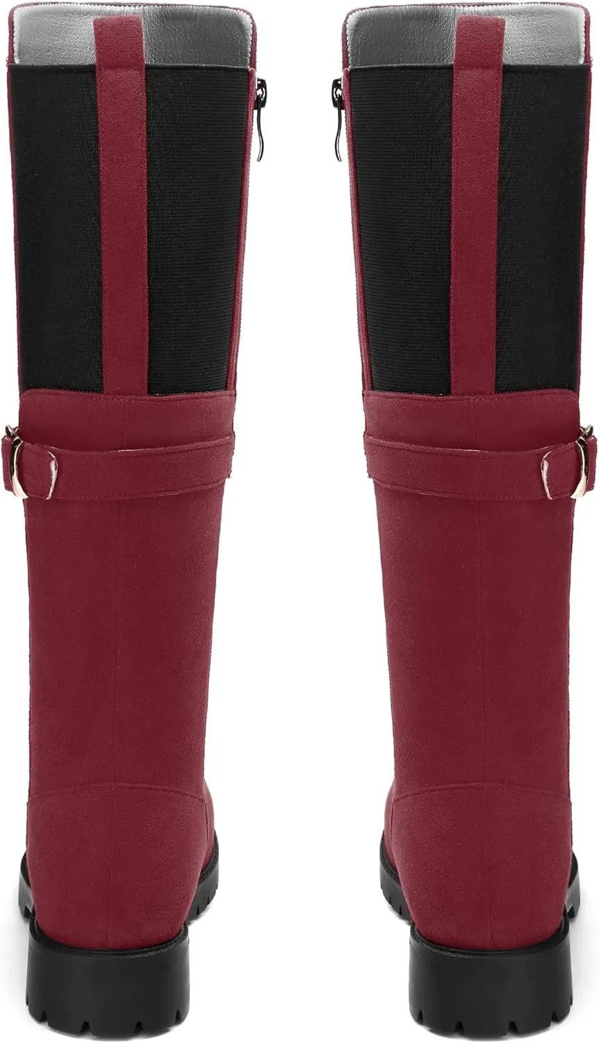 Women's Knee High Boots, Side Zip Low Heel Knee High Booties, Round Toe Fashion Buckle Solid Suede Knee High Boots for Women