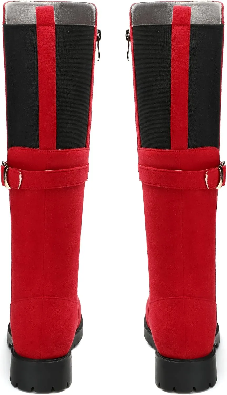 Women's Knee High Boots, Side Zip Low Heel Knee High Booties, Round Toe Fashion Buckle Solid Suede Knee High Boots for Women