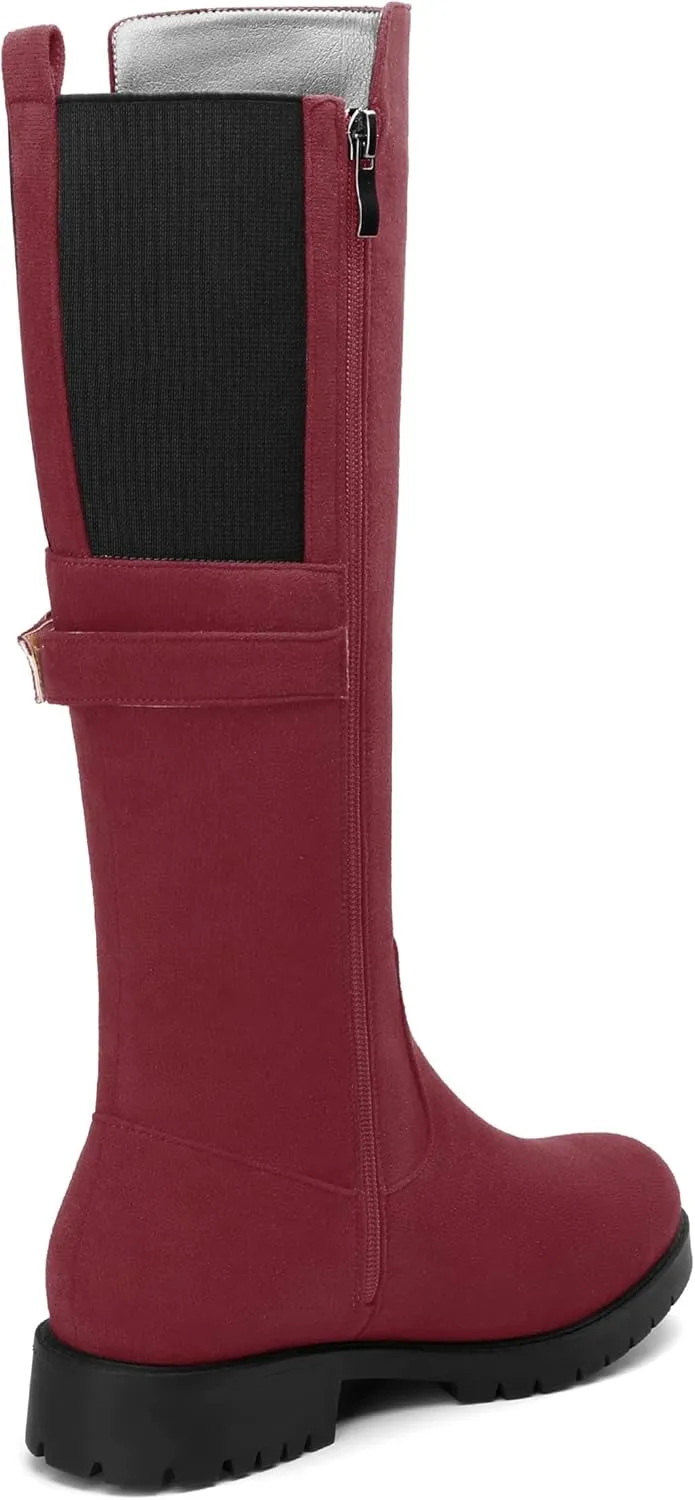 Women's Knee High Boots, Side Zip Low Heel Knee High Booties, Round Toe Fashion Buckle Solid Suede Knee High Boots for Women