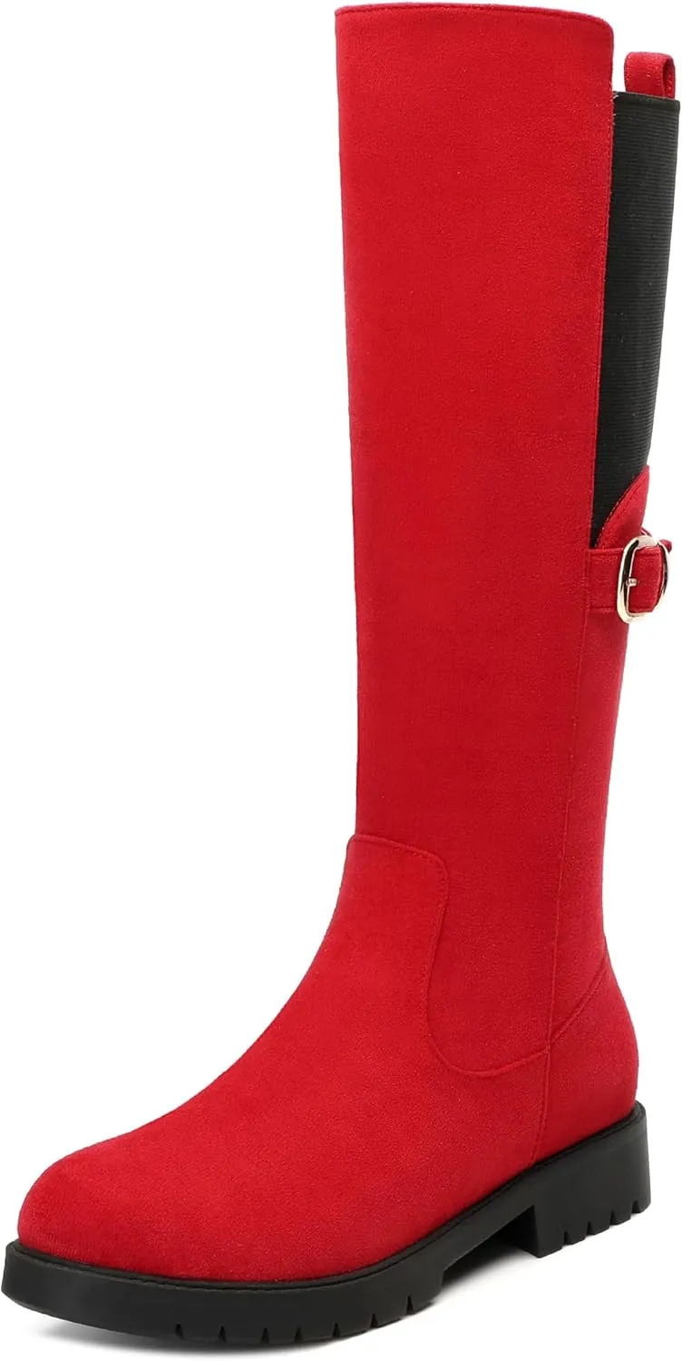 Women's Knee High Boots, Side Zip Low Heel Knee High Booties, Round Toe Fashion Buckle Solid Suede Knee High Boots for Women