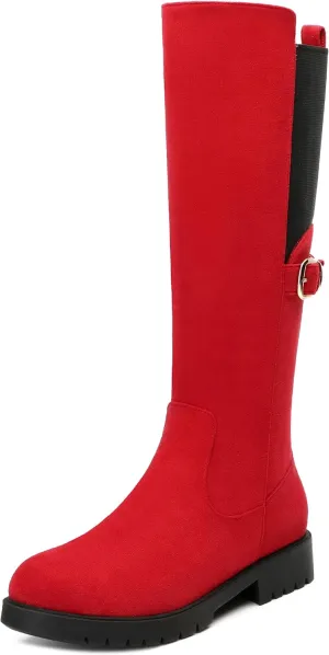 Women's Knee High Boots, Side Zip Low Heel Knee High Booties, Round Toe Fashion Buckle Solid Suede Knee High Boots for Women