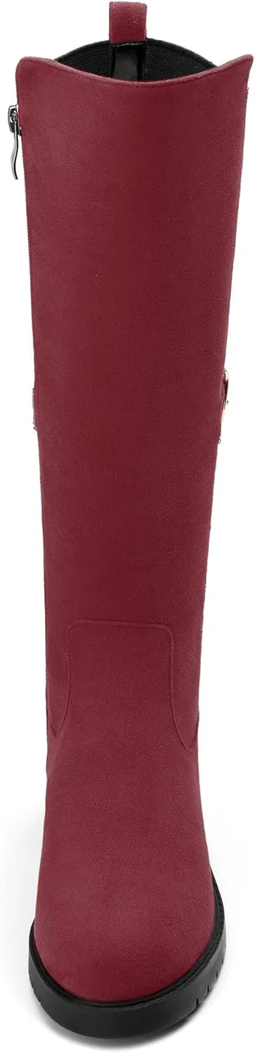 Women's Knee High Boots, Side Zip Low Heel Knee High Booties, Round Toe Fashion Buckle Solid Suede Knee High Boots for Women