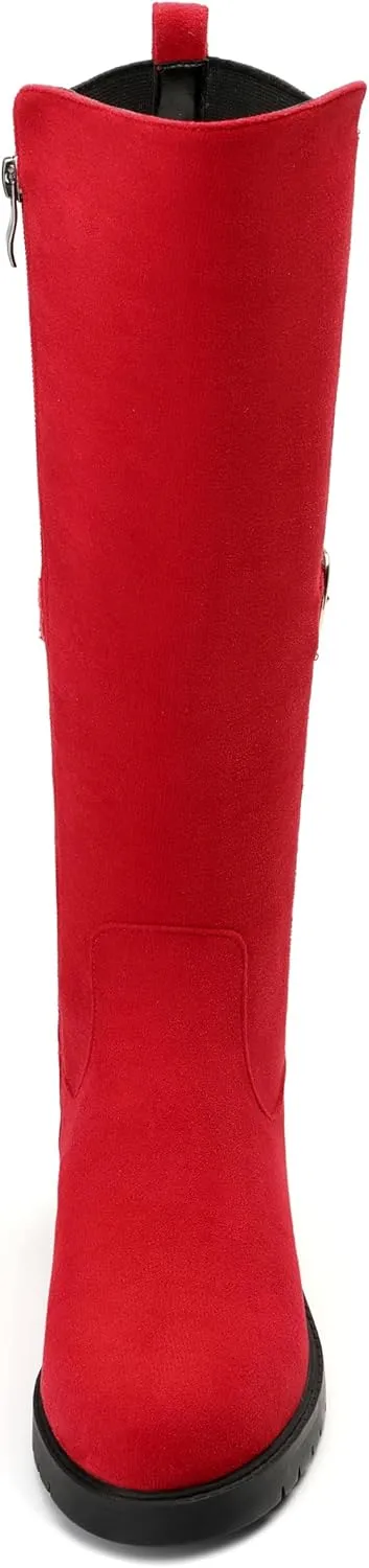 Women's Knee High Boots, Side Zip Low Heel Knee High Booties, Round Toe Fashion Buckle Solid Suede Knee High Boots for Women