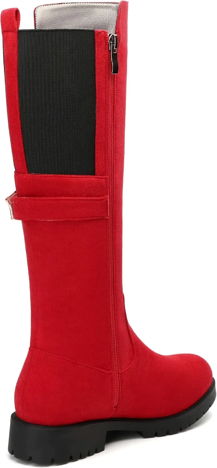 Women's Knee High Boots, Side Zip Low Heel Knee High Booties, Round Toe Fashion Buckle Solid Suede Knee High Boots for Women