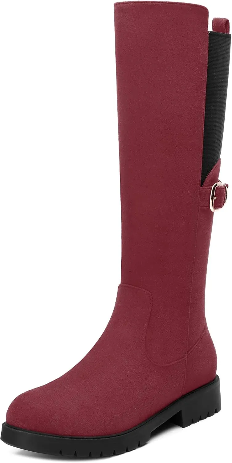 Women's Knee High Boots, Side Zip Low Heel Knee High Booties, Round Toe Fashion Buckle Solid Suede Knee High Boots for Women
