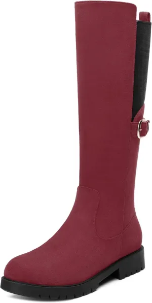 Women's Knee High Boots, Side Zip Low Heel Knee High Booties, Round Toe Fashion Buckle Solid Suede Knee High Boots for Women