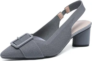 Women'S Knitted Elastic Strap Slingback chunky Heels Pumps Comfortable breathe Closed Pointed Toe mid block heel sandals Casual Party Dress Work Office Heels