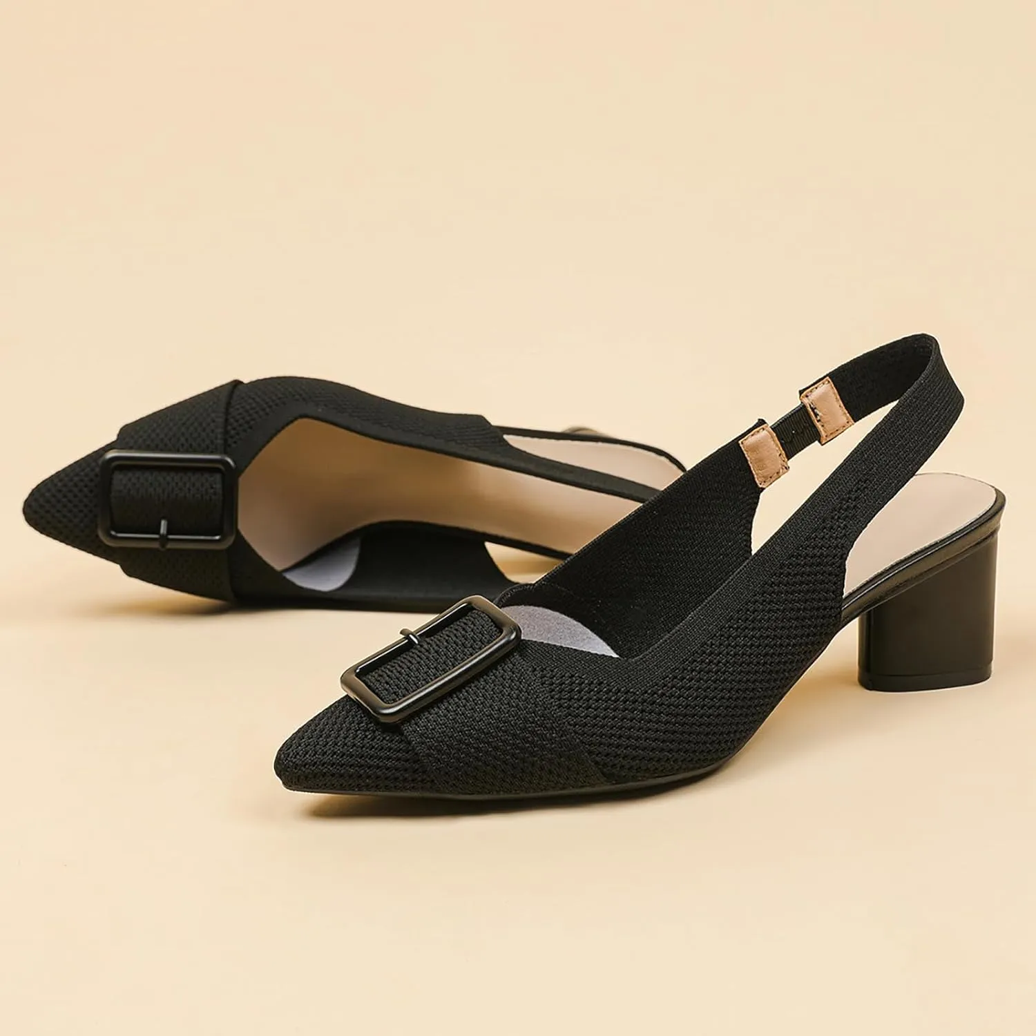 Women'S Knitted Elastic Strap Slingback chunky Heels Pumps Comfortable breathe Closed Pointed Toe mid block heel sandals Casual Party Dress Work Office Heels