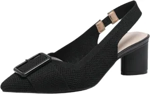 Women'S Knitted Elastic Strap Slingback chunky Heels Pumps Comfortable breathe Closed Pointed Toe mid block heel sandals Casual Party Dress Work Office Heels