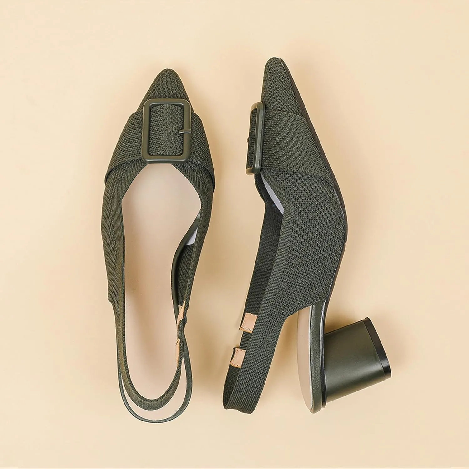 Women'S Knitted Elastic Strap Slingback chunky Heels Pumps Comfortable breathe Closed Pointed Toe mid block heel sandals Casual Party Dress Work Office Heels