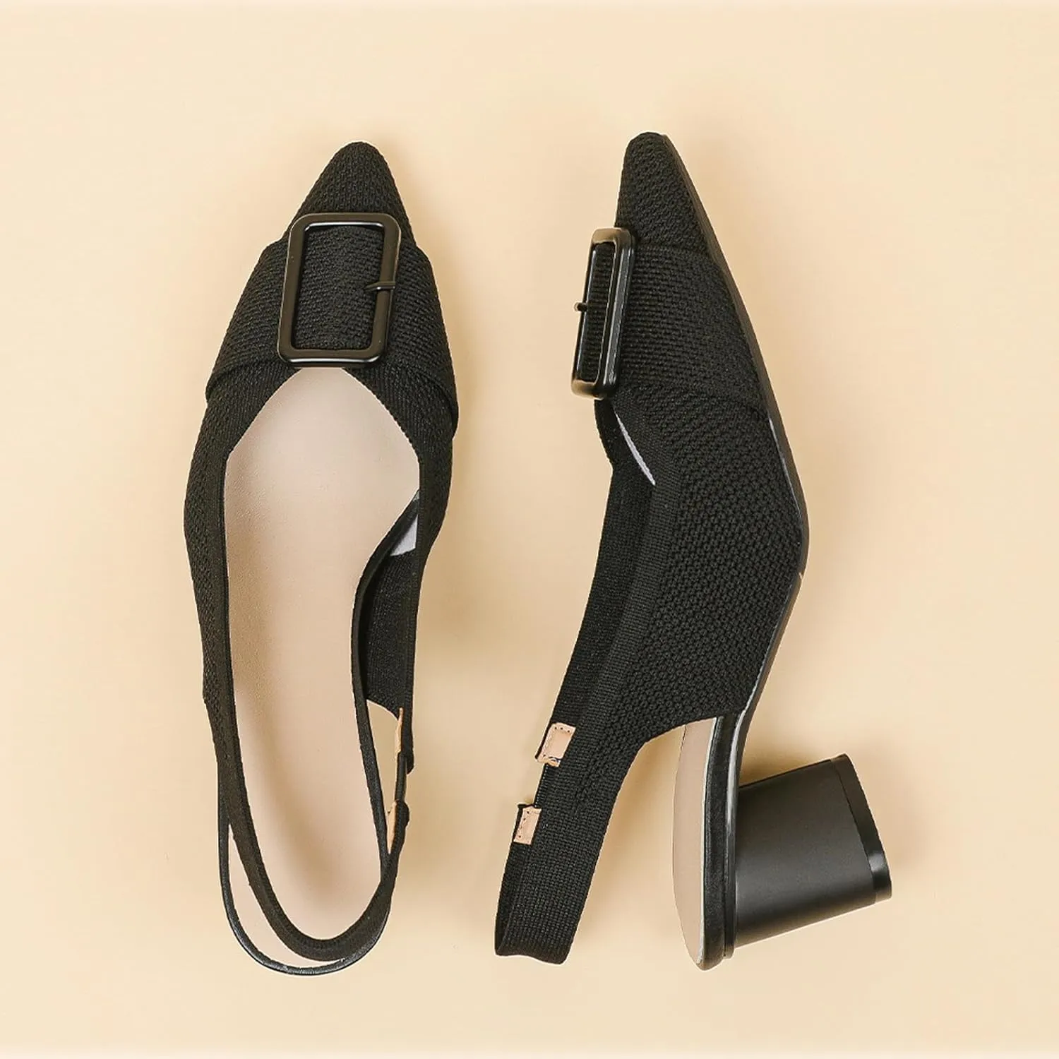 Women'S Knitted Elastic Strap Slingback chunky Heels Pumps Comfortable breathe Closed Pointed Toe mid block heel sandals Casual Party Dress Work Office Heels