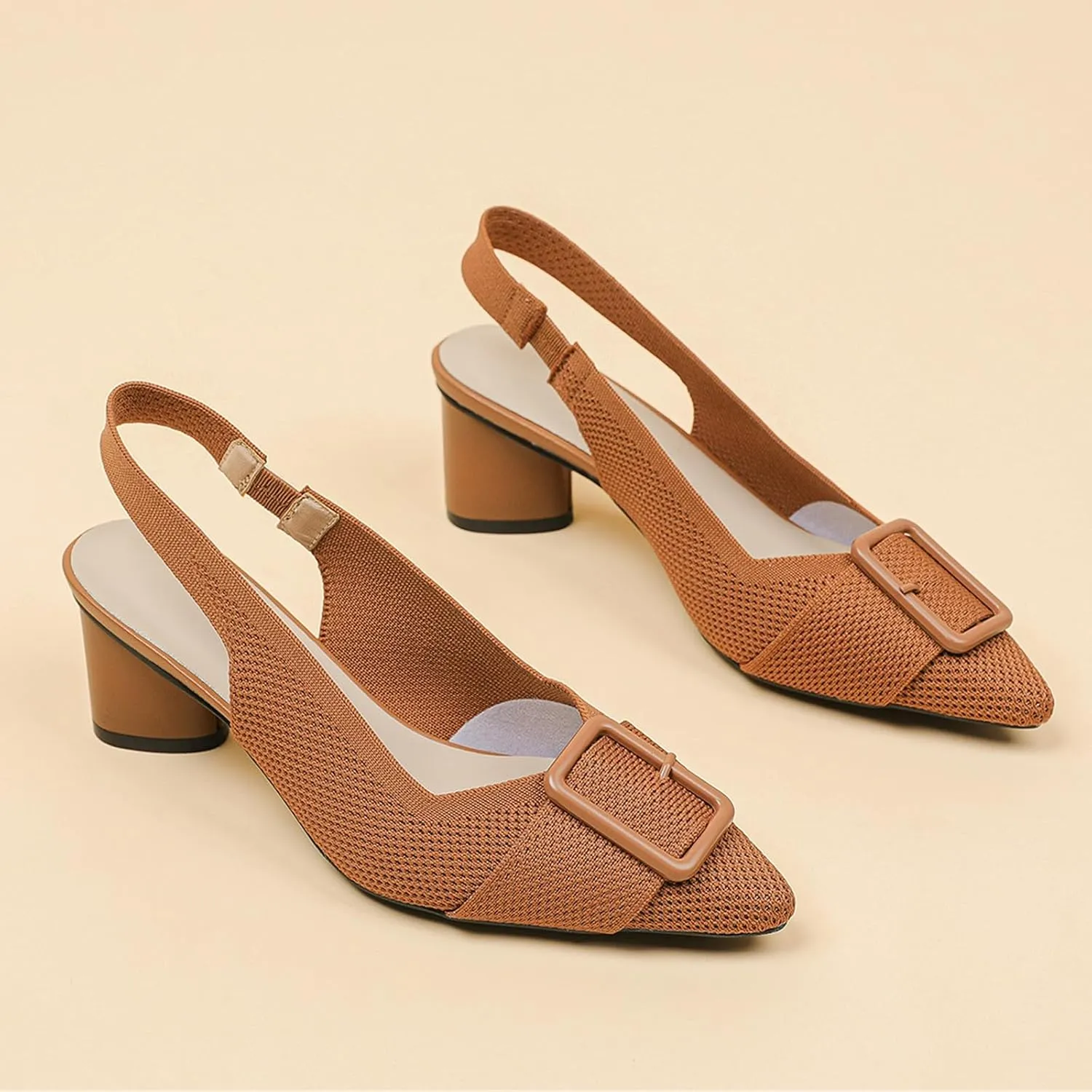 Women'S Knitted Elastic Strap Slingback chunky Heels Pumps Comfortable breathe Closed Pointed Toe mid block heel sandals Casual Party Dress Work Office Heels