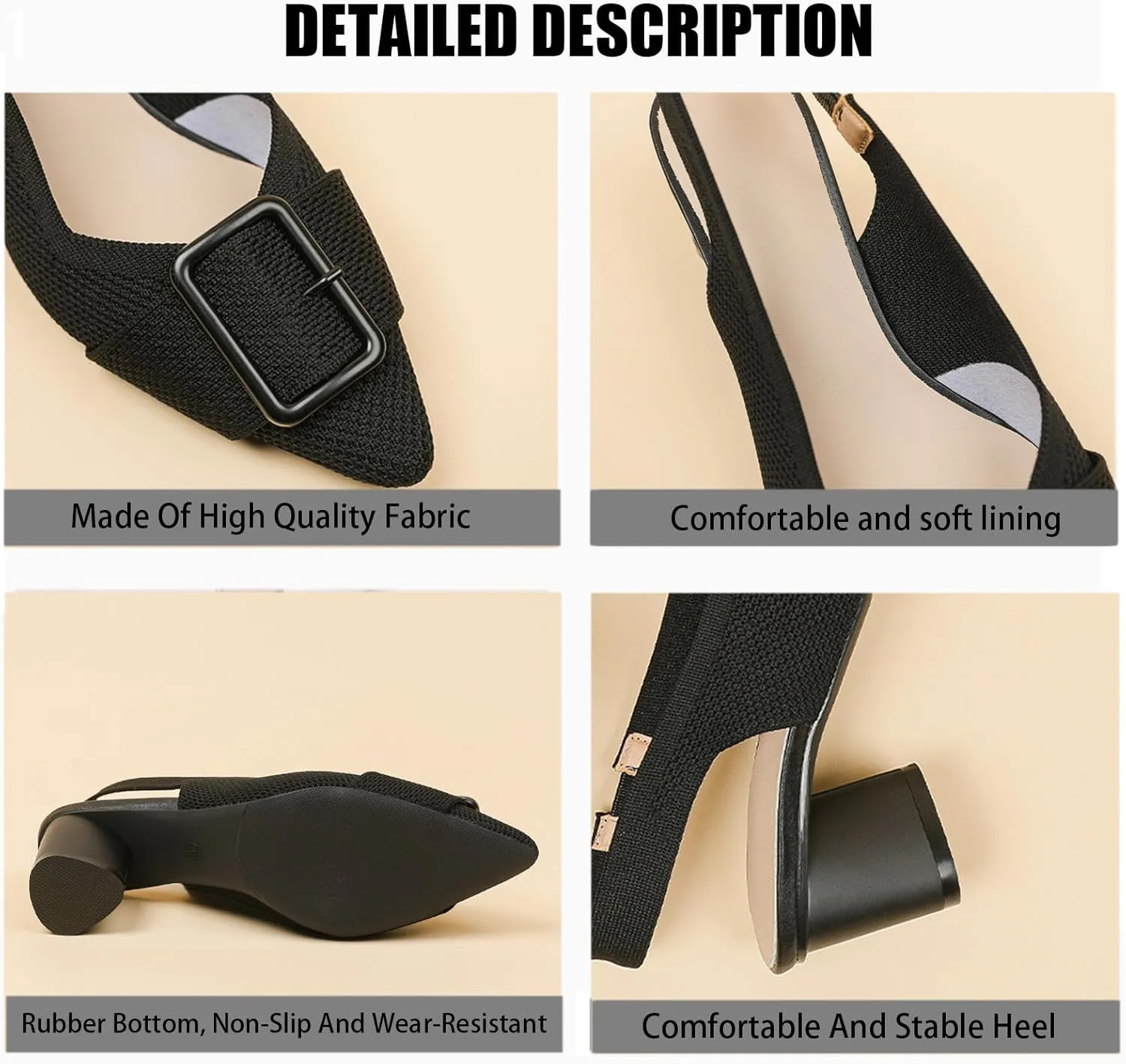 Women'S Knitted Elastic Strap Slingback chunky Heels Pumps Comfortable breathe Closed Pointed Toe mid block heel sandals Casual Party Dress Work Office Heels
