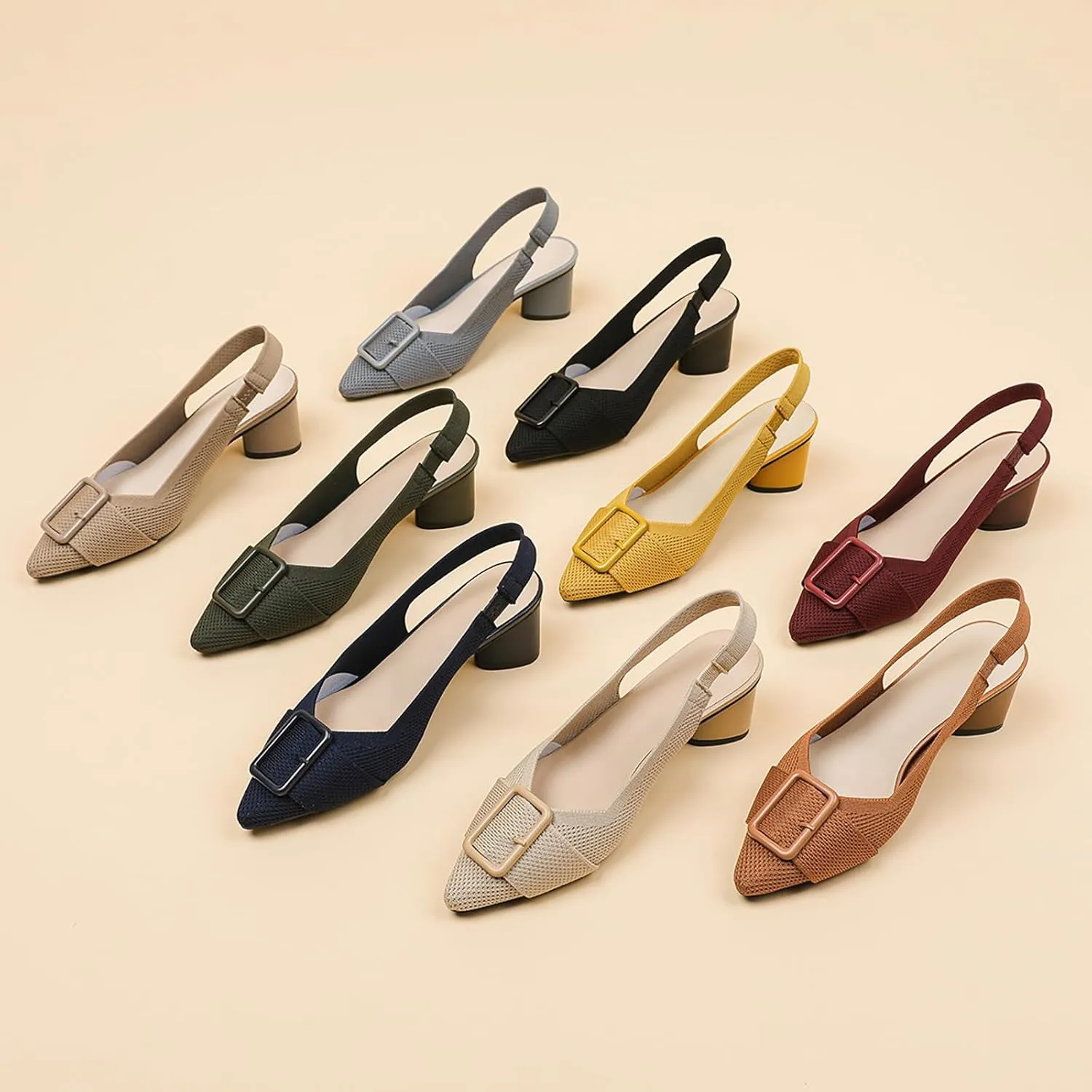 Women'S Knitted Elastic Strap Slingback chunky Heels Pumps Comfortable breathe Closed Pointed Toe mid block heel sandals Casual Party Dress Work Office Heels