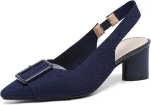 Women'S Knitted Elastic Strap Slingback chunky Heels Pumps Comfortable breathe Closed Pointed Toe mid block heel sandals Casual Party Dress Work Office Heels